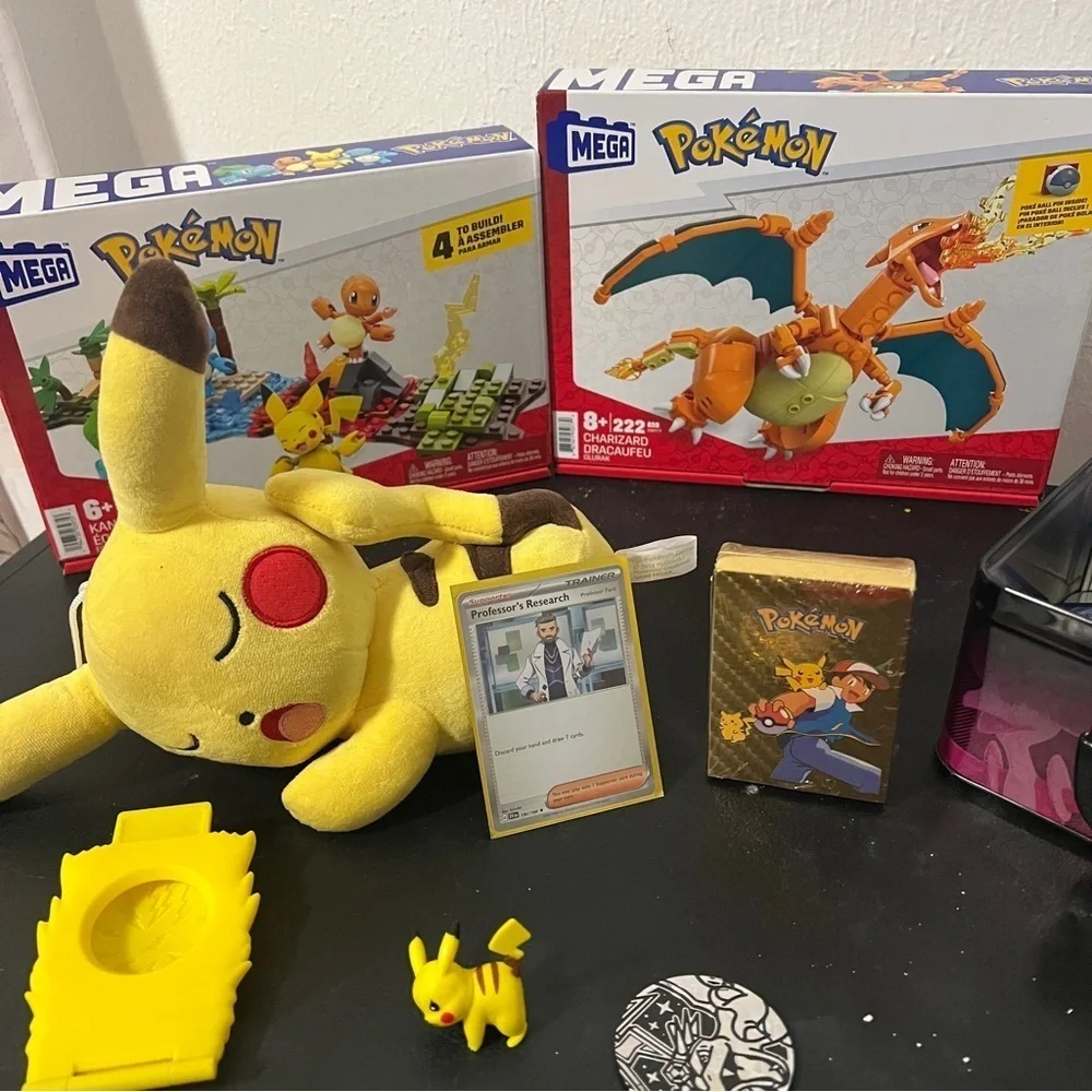 Mega Lego Charmander Pokemon Trading Card Set Pikachu Plush Etc., NWOT & EUC